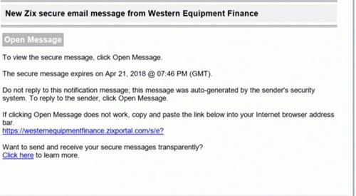 New Zix secure email message from Western Equipment Finance